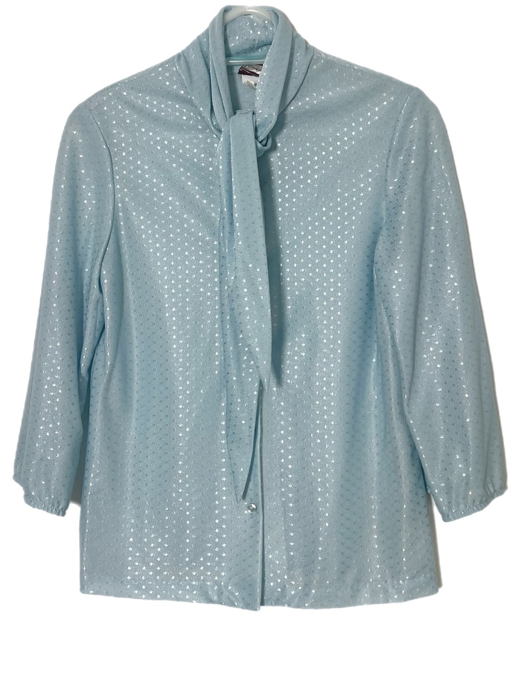 Vintage Laurente Paris Rome Blue Shimmer Dot Tie Neck Blouse 3/4 Sleeve